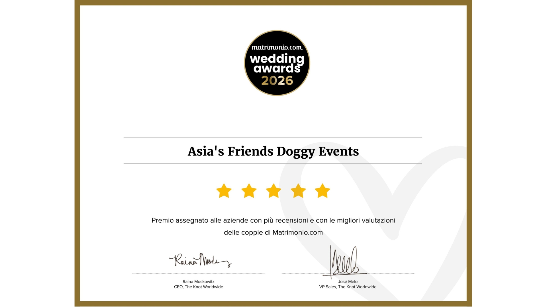 Asia’s Friends vince il Wedding Award 2026 di Matrimonio.com, il premio assegnato alle migliori aziende del settore wedding in Italia